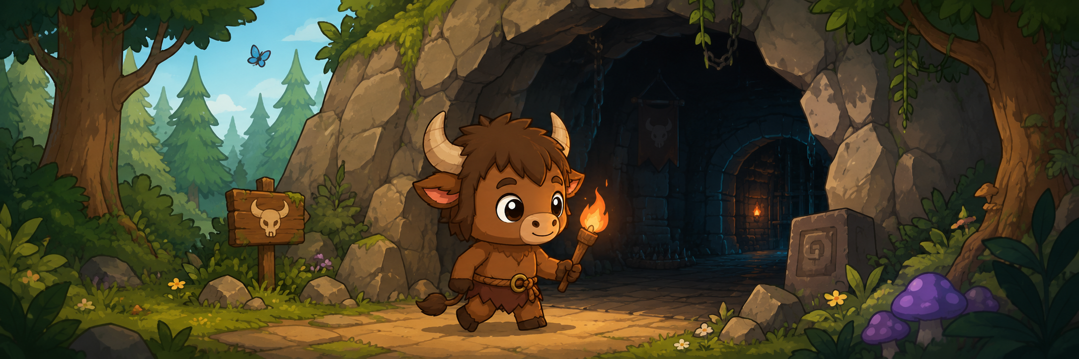 A cozy forest clearing at the mouth of an ancient dungeon